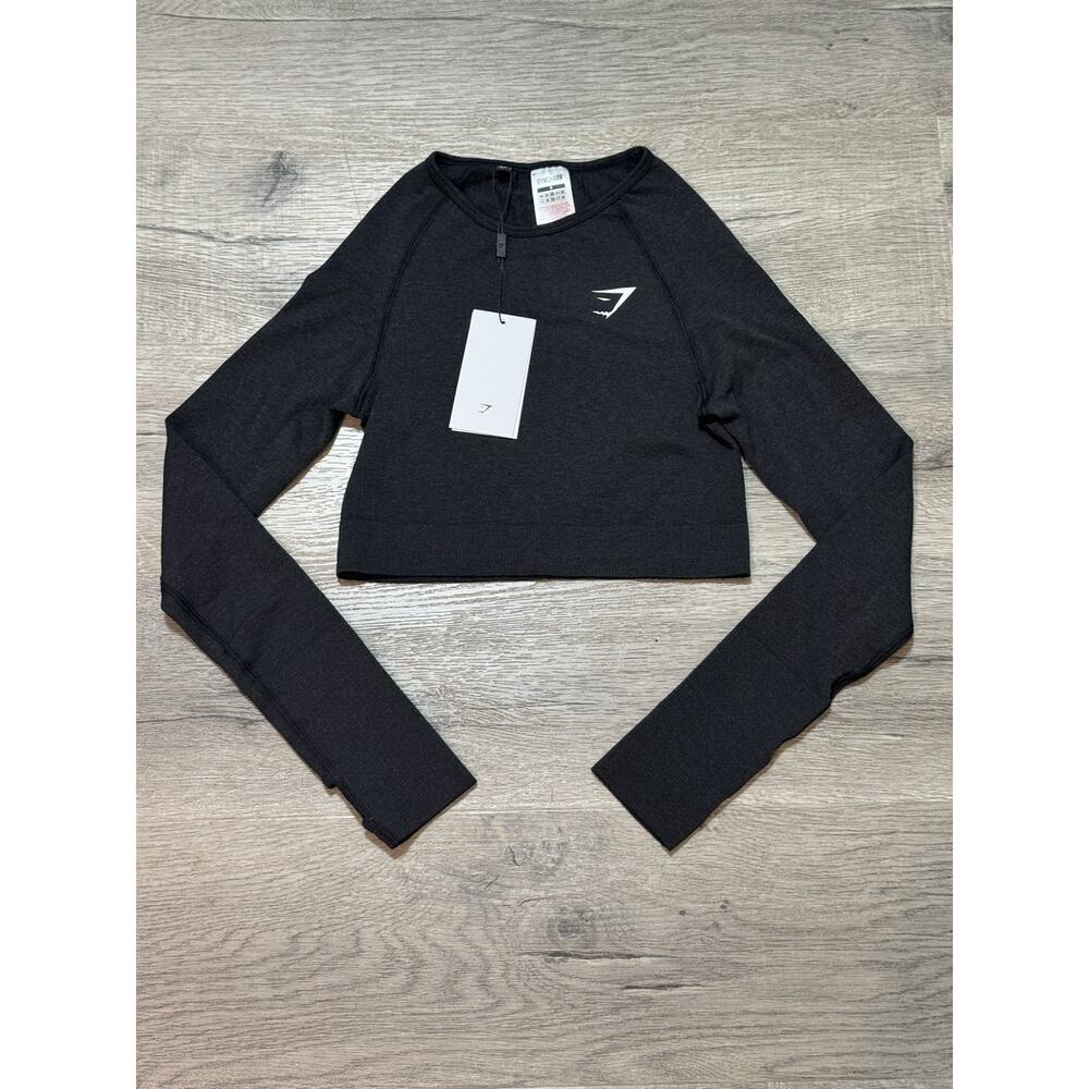 NWT Gymshark Small Vital Seamless Long Sleeve Crop Top Black Marl Thumb Holes